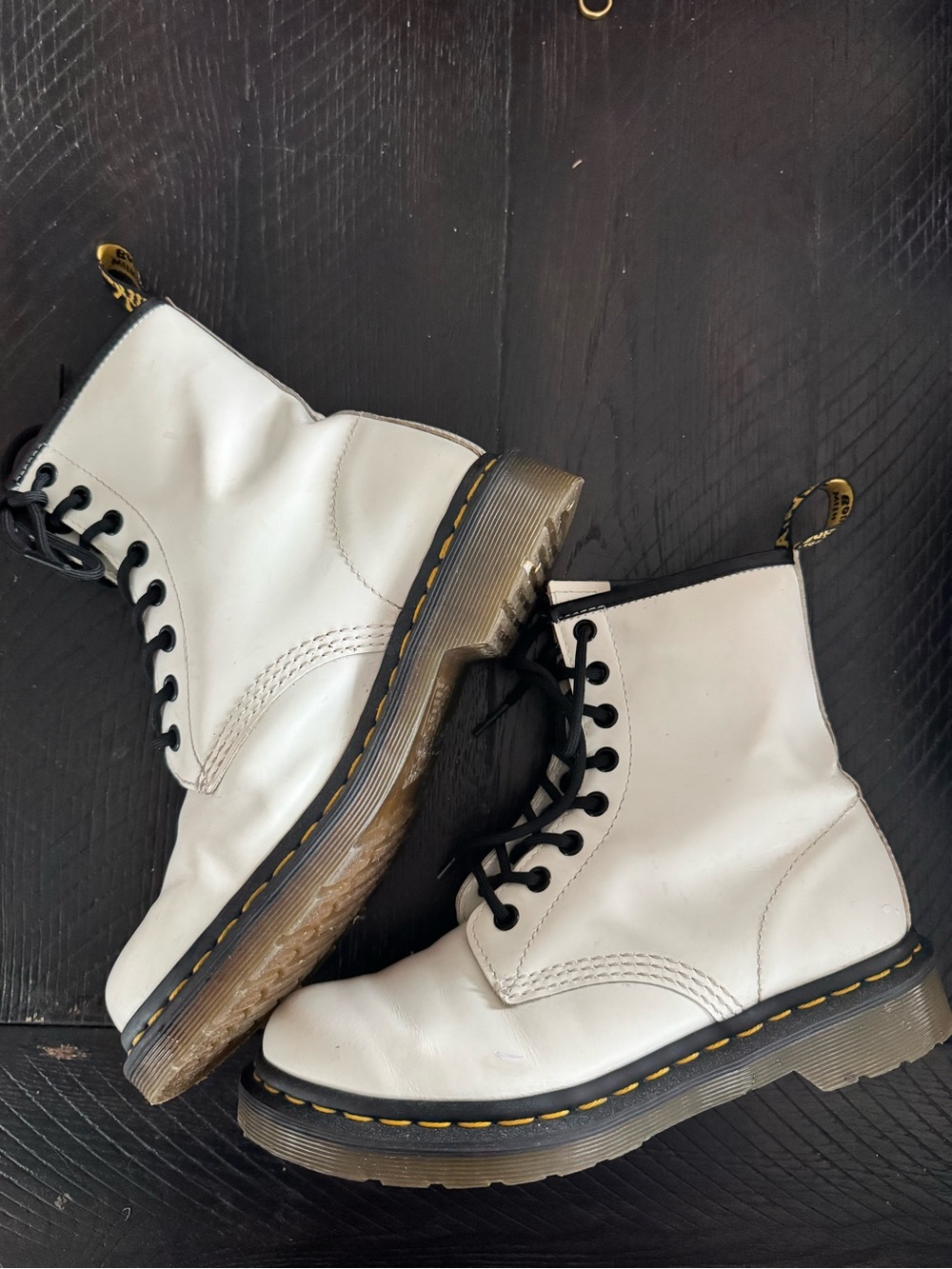 White Docs 🤍 Lace-Up Combat Boots with Yellow Stitching